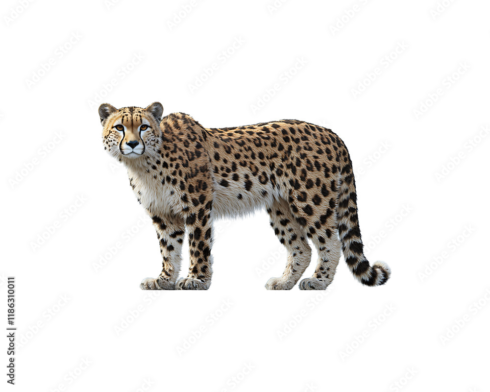 A cheetah stands facing the viewer against a black background. A cheetah stands facing the viewer against a black background.