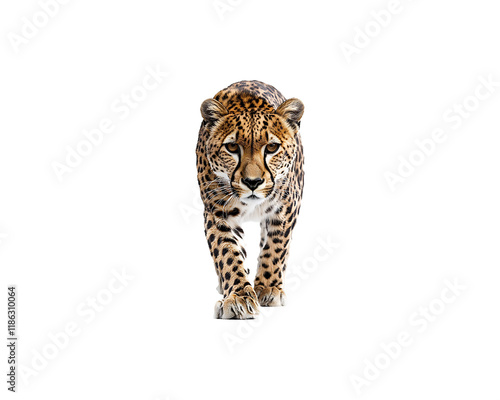 A cheetah walking towards the camera against a black background. photo