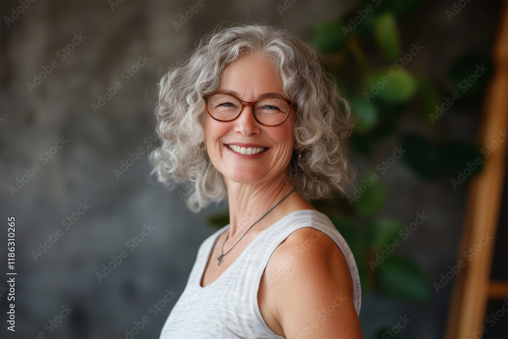 Obraz premium woman with curly hair and glasses is smiling. She is wearing a white tank top and is standing in front of a plant