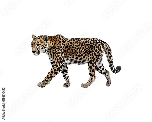 A cheetah walking to the right against a black background. photo