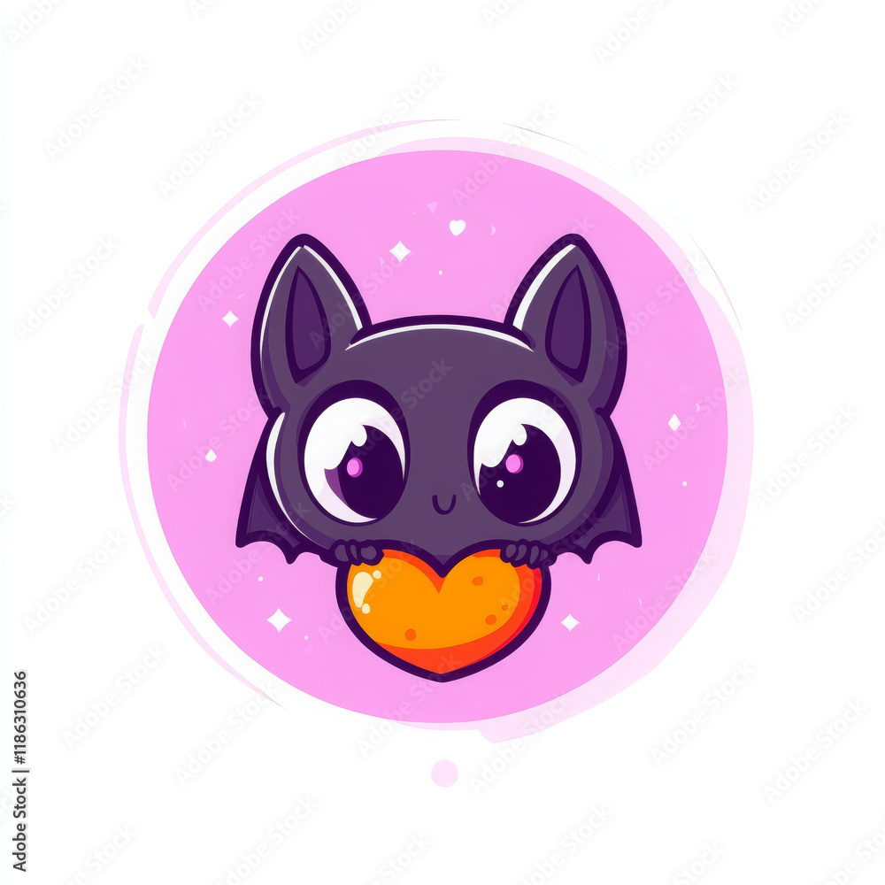 Fototapeta premium Cute cartoon bat holding heart, with big eyes and playful expression, set against pink background. This adorable design evokes feelings of love and joy