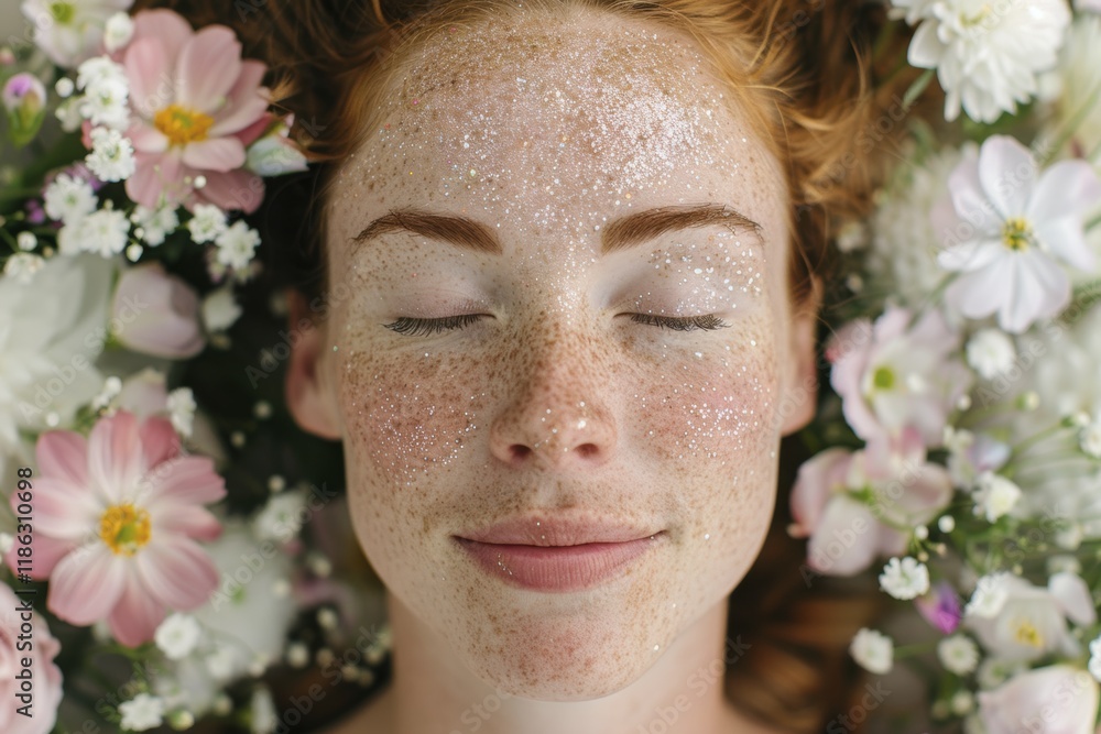 Obraz premium Serene woman with glitter freckles amidst soft pastel flowers