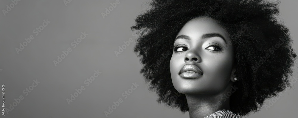 Fototapeta premium Elegant young woman posing confidently in a monochrome studio setting, expressing inner strength and beauty. Black and white portrait focusing on