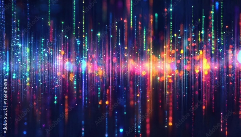 Fototapeta premium vivid digital light beams with glowing multicolored particles in a futuristic abstract pattern, ideal for tech background or events