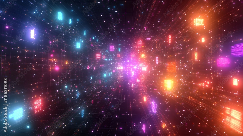 Fototapeta premium Vibrant Cyber Network Grid of Interconnected Digital Elements in Glowing Virtual Layout