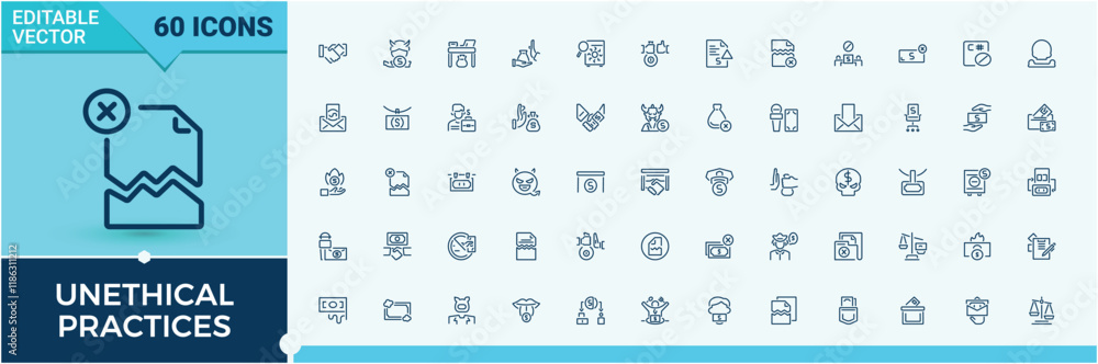 Unethical Practices icon pack. Contains such icons as fraud, currency, on, cash, silent, corporate, justice and more. Simple line vector. Editable vector icon and illustration. Unethical Practices icon pack. Contains such icons as fraud, currency, on, cash, silent, corporate, justice and more. Simple line vector. Editable vector icon and illustration.