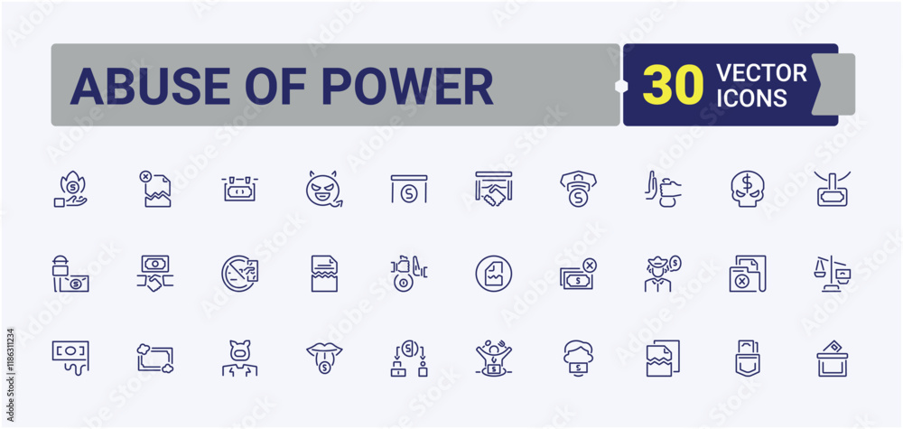 Abuse of Power linear icon collection. It contains symbols to banking, corruption, dollar, criminal, tax, dirty, fraud and more. Editable stroke. Abuse of Power linear icon collection. It contains symbols to banking, corruption, dollar, criminal, tax, dirty, fraud and more. Editable stroke.