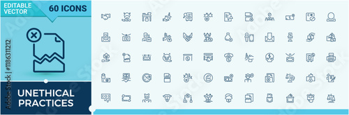 Unethical Practices icon pack. Contains such icons as fraud, currency, on, cash, silent, corporate, justice and more. Simple line vector. Editable vector icon and illustration.