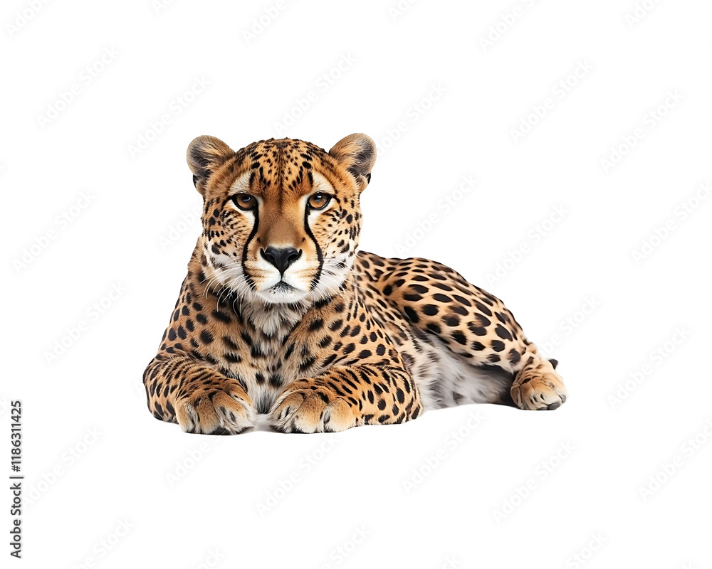 A cheetah lies down, looking directly at the camera against a black background. A cheetah lies down, looking directly at the camera against a black background.