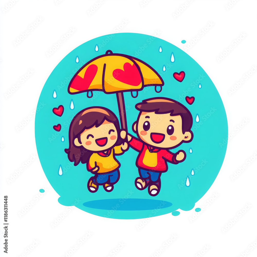 cartoon couple dancing joyfully in rain under yellow umbrella, surrounded by hearts, expressing love and happiness cartoon couple dancing joyfully in rain under yellow umbrella, surrounded by hearts, expressing love and happiness
