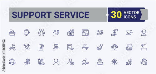Support Service icons set in linear style. Includes icons for service, people, guidance, 24, feedback, contact and more. Symbol. Vector outline icons collection.