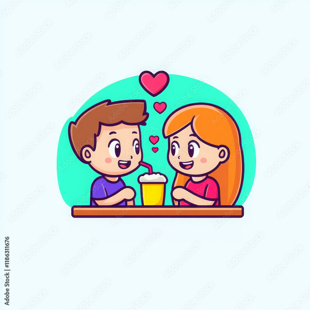 cartoon couple sharing milkshake at diner, expressing love and joy. scene captures sweet moment with hearts floating above them, creating romantic atmosphere cartoon couple sharing milkshake at diner, expressing love and joy. scene captures sweet moment with hearts floating above them, creating romantic atmosphere