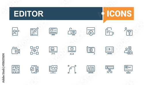 Editor icon set. Contains related to file, button, graphic, editing, element, website, write and more. Outline symbol collection. Editable vector stroke.