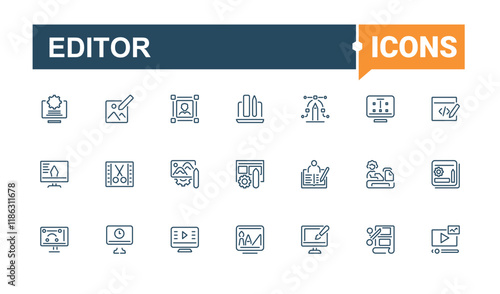 Editor icon set. Contains related to file, button, graphic, editing, element, website, write and more. Outline symbol collection. Editable vector stroke.