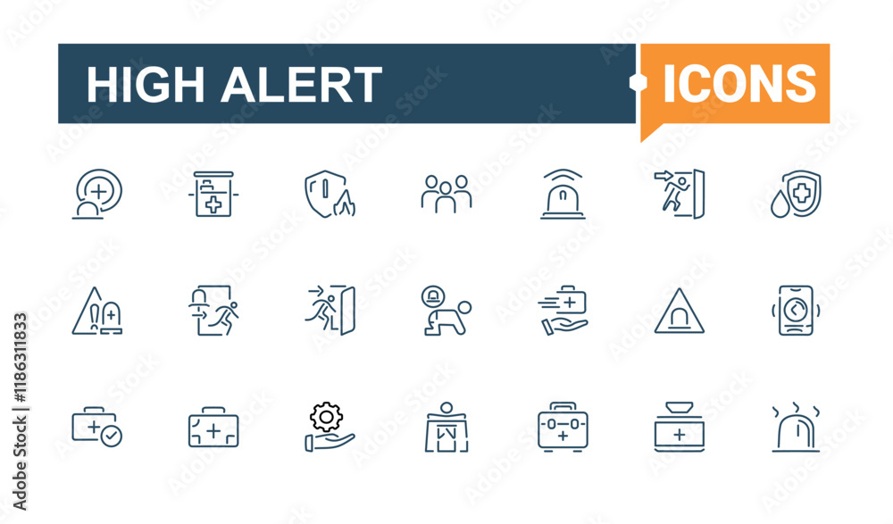 High Alert icon set. Featuring call, security, emergency, warning, assistance, medicine and more. Collection for mobile and web apps. Vector outline icons collection. High Alert icon set. Featuring call, security, emergency, warning, assistance, medicine and more. Collection for mobile and web apps. Vector outline icons collection.