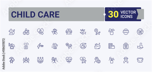 Child Care linear icon collection. Contains such icons as childhood, feeding, diaper, infant, rocking, kid, romper. Perfect for logos and infographics.