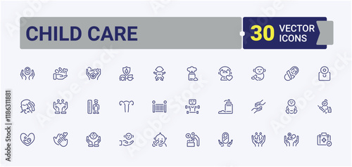 Child Care linear icon collection. Contains such icons as childhood, feeding, diaper, infant, rocking, kid, romper. Perfect for logos and infographics.