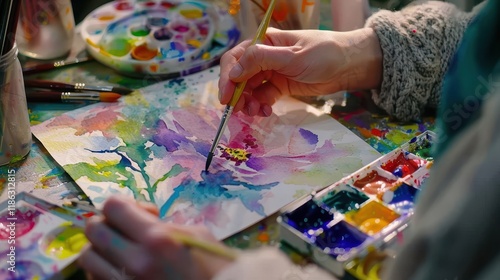 A person painting a colorful flower with watercolors on a table filled with art supplies.