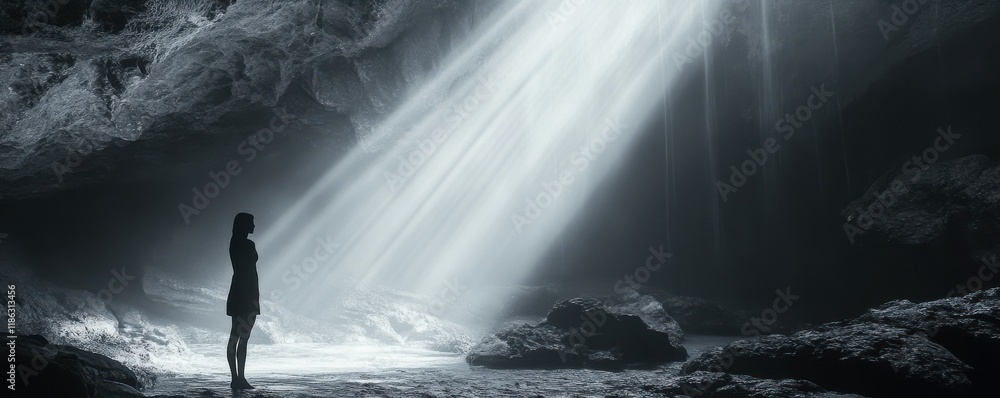 Obraz premium Exploring the enchanting beauty of an underground cave with a woman standing in black and white