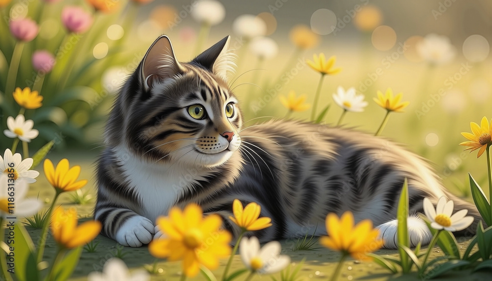 Cat resting among colorful flowers in a sunny meadow, cats in gardens Cat resting among colorful flowers in a sunny meadow, cats in gardens