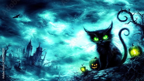 Halloween black cat, spooky, haunted,  spooky castle,  dark,  fantasy,  creepy, Halloween,  dark fantasy,  ghost,  night,  shadowy,  green eyes,  evil,  scary,  mystic,  spooky,  autumn,  gothic,  nig photo