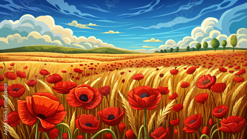 spectacular field of red poppies in a wheat field with cloudy sky in Tuscany near Monteroni d'Arbia (Siena). Italy.