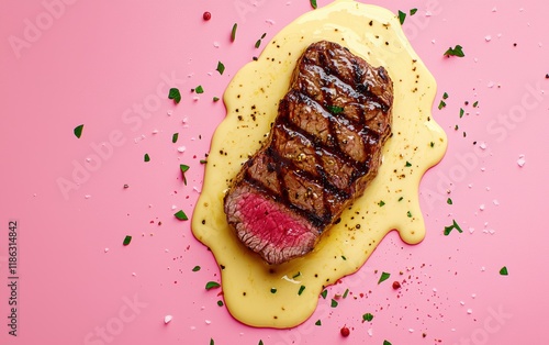 A juicy steak with visible grill marks, surrounded by creamy bÃ?arnaise sauce streams on a pastel pink background photo