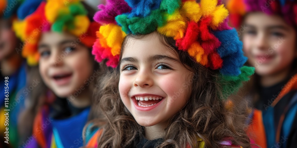 Fototapeta premium Group of young caucasian girls smiling in colorful rainbow costumes at a festive event
