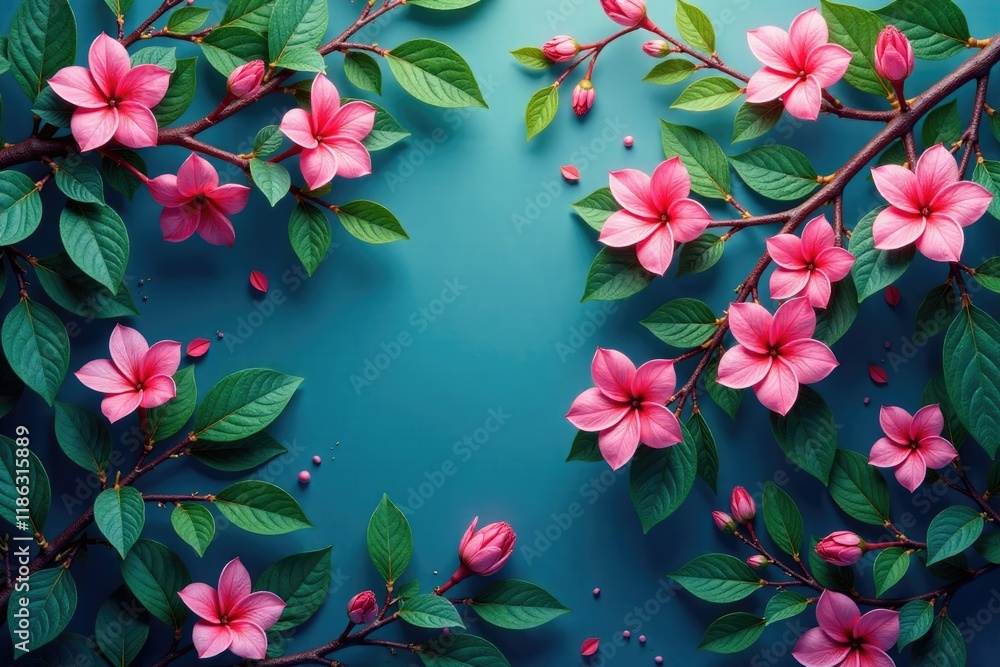 Colorful leafy branches with pink flowers and blue-green leaves, foliage, plant Colorful leafy branches with pink flowers and blue-green leaves, foliage, plant