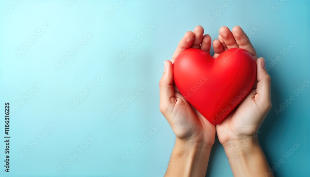 Caregiver holds red heart symbol on light blue background. Hands gently hold heart shape. Photo suitable for health care projects, charity themes, Valentine Day concept. Heart health well-being Caregiver holds red heart symbol on light blue background. Hands gently hold heart shape. Photo suitable for health care projects, charity themes, Valentine Day concept. Heart health well-being