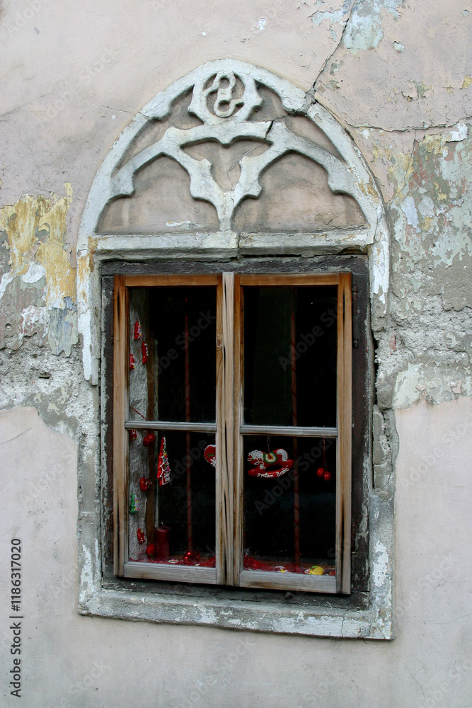 Fototapeta premium One old and ancient wooden window and old house in Zagreb, Croatia