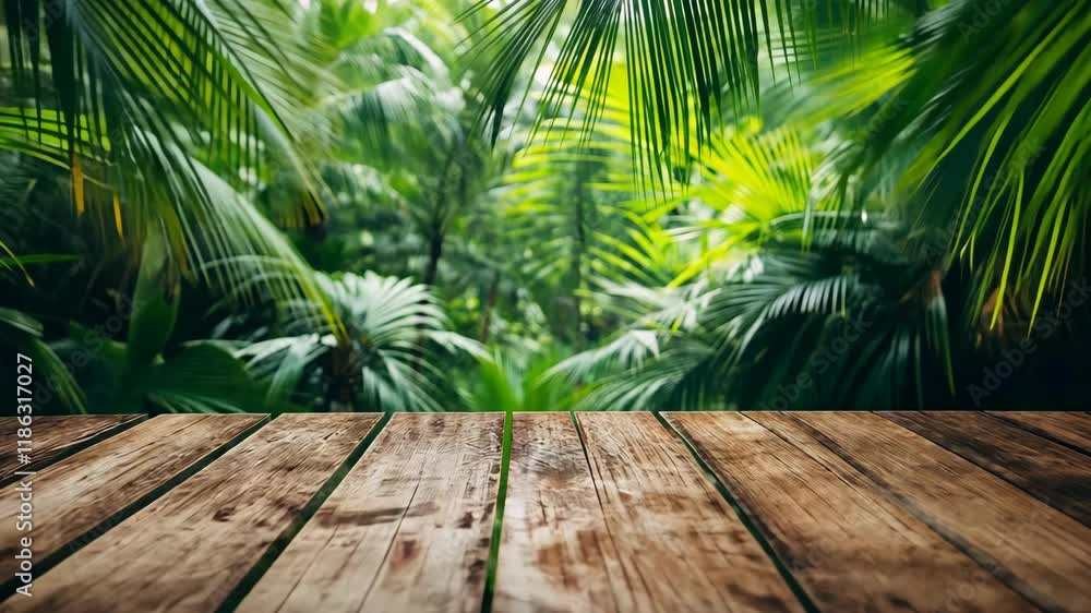Lush greenery surrounds a wooden platform in a tropical setting on a sunny day Lush greenery surrounds a wooden platform in a tropical setting on a sunny day