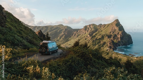 Road trips blend highways with camping adventures. Scenic coastal landscape with a camper van on a winding road.
