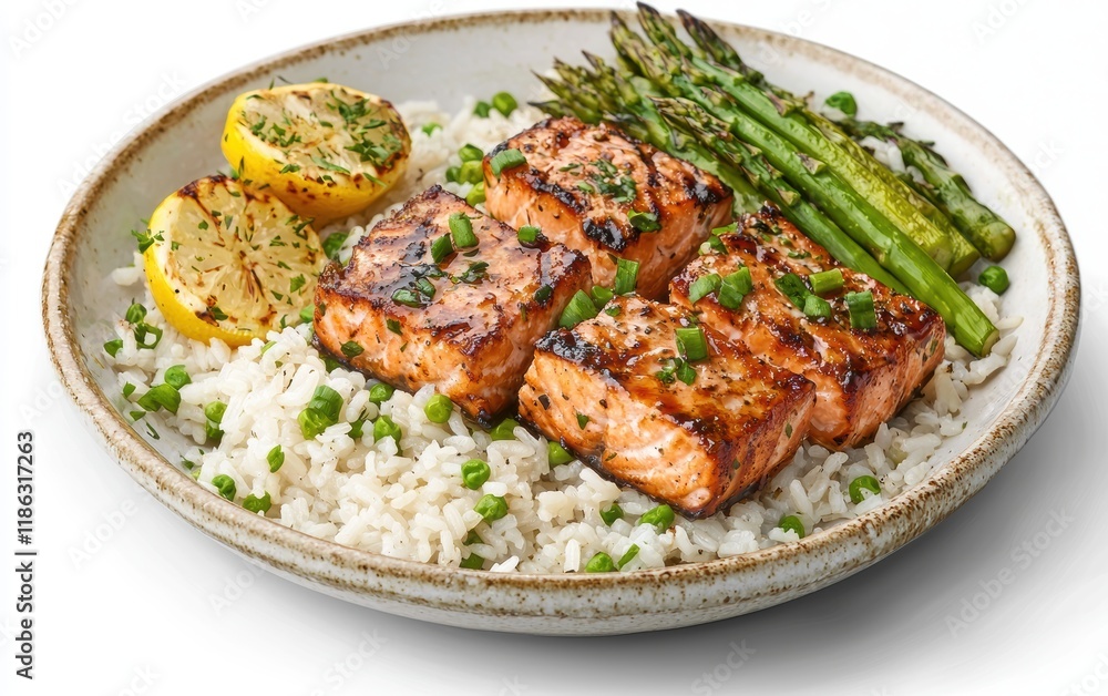 A plate of grilled salmon with rice and asparagus on a clean white background A plate of grilled salmon with rice and asparagus on a clean white background