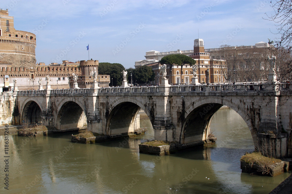 Ponte Sant'Angelo bridge crossing the river Tiber and Castel Sant'Angelo, mausoleum of Hadrian, Rome, Italy Ponte Sant'Angelo bridge crossing the river Tiber and Castel Sant'Angelo, mausoleum of Hadrian, Rome, Italy