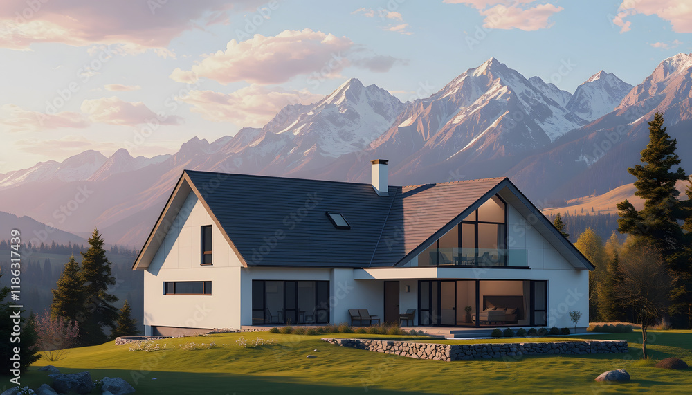 Modern house against the stunning backdrop of a mountainous countryside vista, pixel art, with white tones Modern house against the stunning backdrop of a mountainous countryside vista, pixel art, with white tones