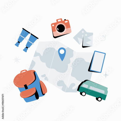 Backpack, map, and travel accessories in flat vector illustration symbolizing adventure, travel planning, and exploration, isolated on white background.