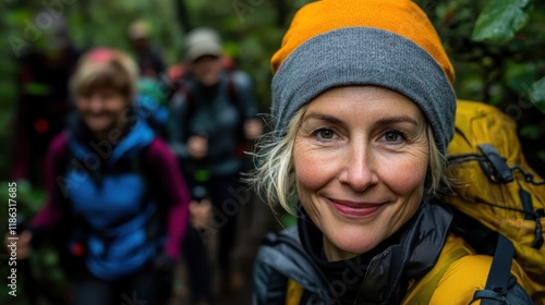 Mature caucasian woman smiling on a group hiking adventure in forest Spunky Old Broads Day photo