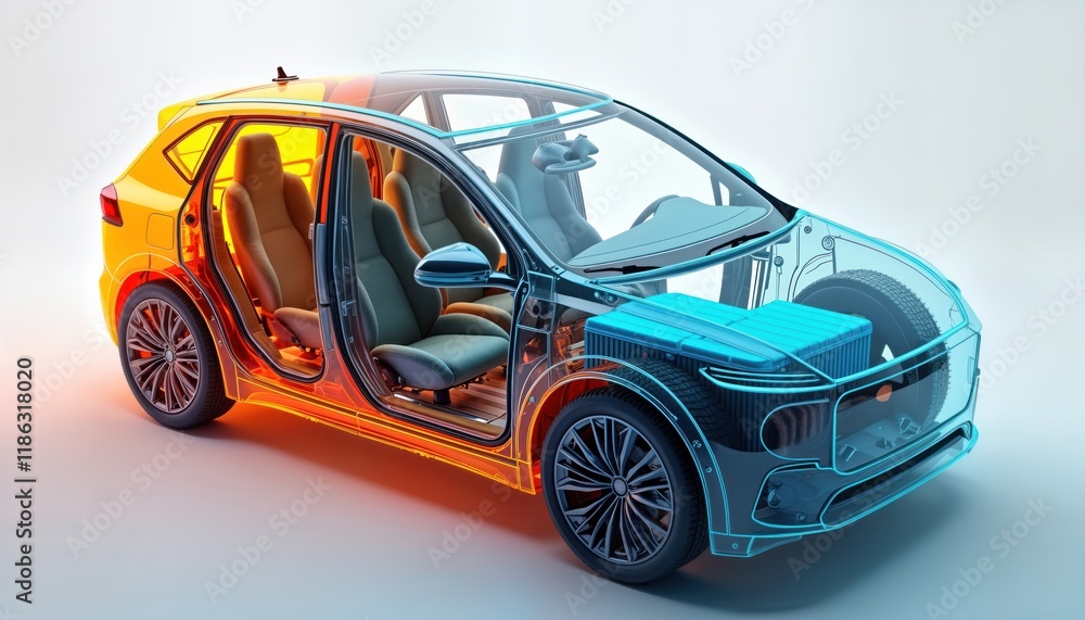 CAE simulation shows electric vehicle battery pack thermal management system. Different cooling strategies like liquid, forced air visualized. Goal to maintain optimal temperature levels for CAE simulation shows electric vehicle battery pack thermal management system. Different cooling strategies like liquid, forced air visualized. Goal to maintain optimal temperature levels for