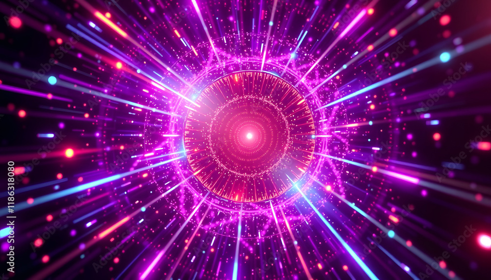 Fototapeta premium Neon Pink Tunnel: Bright pink and purple circular tunnel with glowing particles, futuristic abstract background
