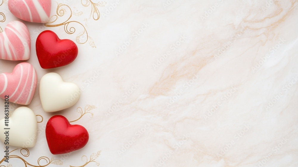 Valentine's Day Heart-shaped chocolates on elegant marble background with gold detailing Valentine's Day Heart-shaped chocolates on elegant marble background with gold detailing