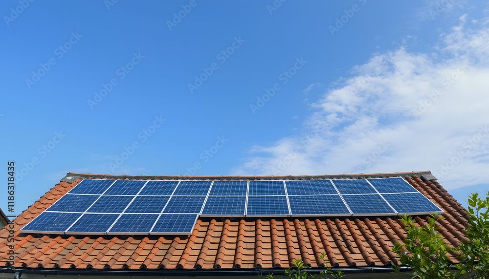 Panorama frame Solar photovoltaic panels on a house roof, asian style, with white tones Panorama frame Solar photovoltaic panels on a house roof, asian style, with white tones