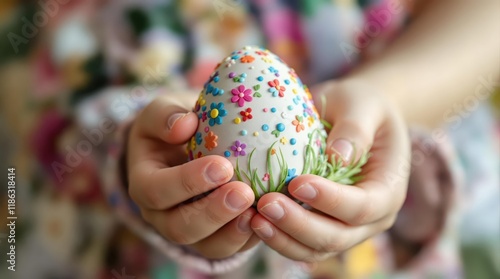 Wallpaper Mural Child's hands holding a beautifully decorated Easter egg with floral design. Perfect for spring, Easter, and holiday themes Torontodigital.ca