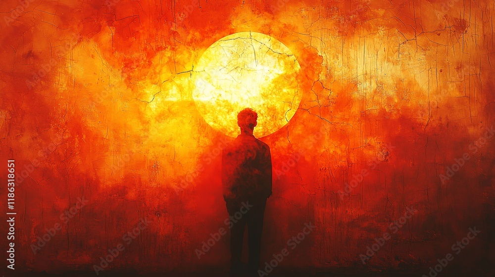 Fototapeta premium Silhouette of a person standing before a large, fiery sun on a textured wall.