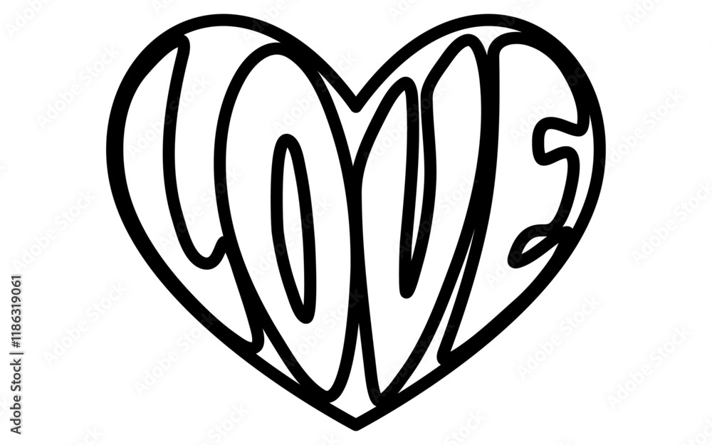 ハートの中にLOVEの字、シンプルでかわいい白黒のバレンタインアイコン