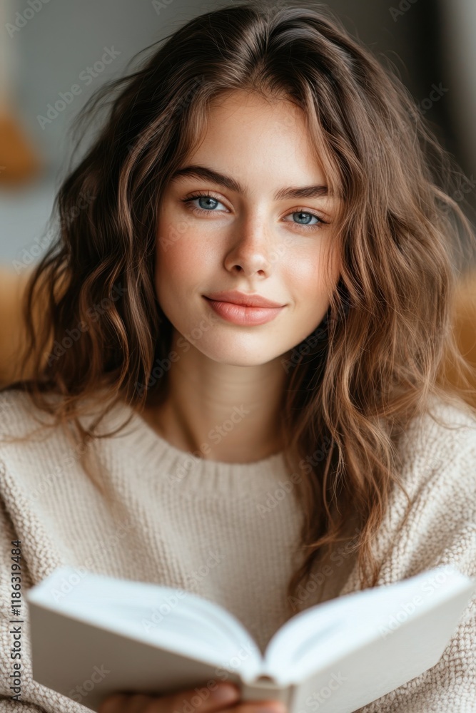 Young caucasian female reading a book in cozy setting Young caucasian female reading a book in cozy setting