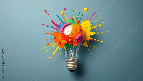 Creative light bulb explodes with colorful paint and colors. New idea, brainstorming concept, simple style, with white tones
