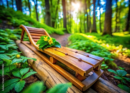 Mirakulum Park Czech Republic: Vibrant Macro Shot of a Wooden Slide in Nature photo