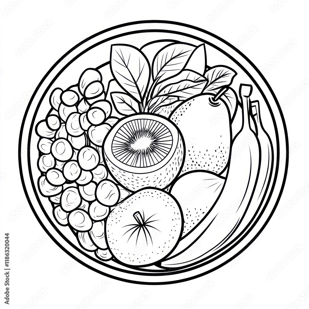Fruit bowl line art, kitchen, healthy eating, monochrome, graphic design, recipe illustration Fruit bowl line art, kitchen, healthy eating, monochrome, graphic design, recipe illustration
