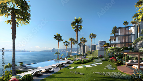 modern villa with a pool and garden, overlooking the sea on a sunny day. The blue sky is dotted with palm trees, and the green grass complements the modern architecture photo